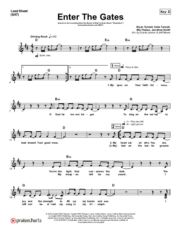 Enter The Gates Lead Sheet (SAT) (Bryan & Katie Torwalt)