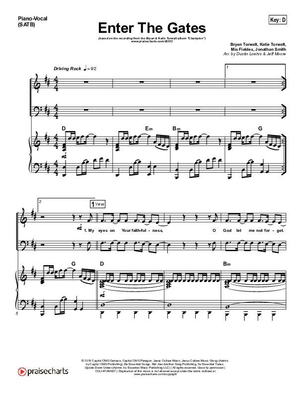 Enter The Gates Piano/Vocal (SATB) (Bryan & Katie Torwalt)