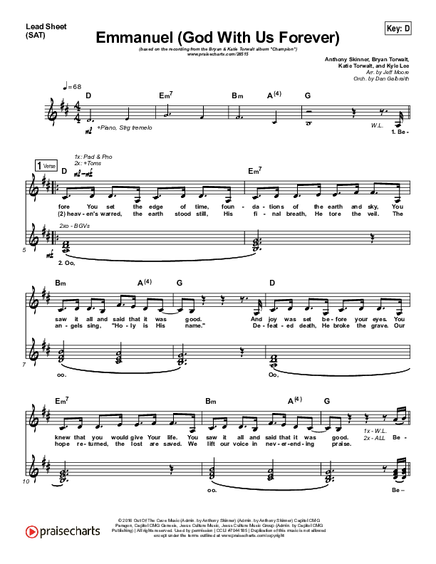 Emmanuel (God With Us Forever) Lead Sheet (SAT) (Bryan & Katie Torwalt)