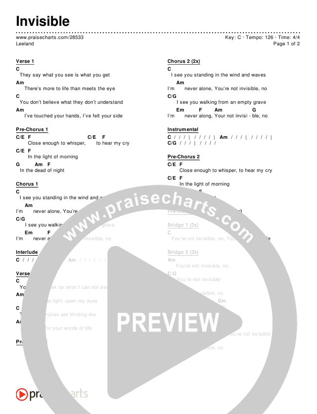 Invisible Chords & Lyrics (Leeland)