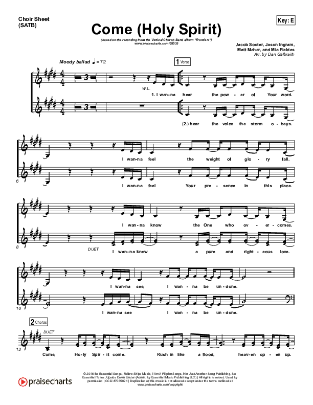 Come (Holy Spirit) Choir Vocals (SATB) (Vertical Worship)