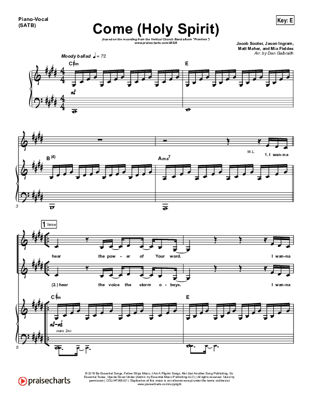 Come (Holy Spirit) Piano/Vocal (SATB) (Vertical Worship)