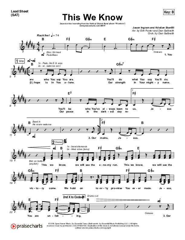 This We Know Lead Sheet (SAT) (Vertical Worship)
