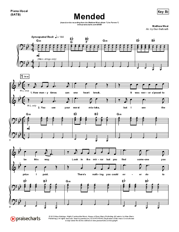 Mended Piano/Vocal (Print Only) (Matthew West)