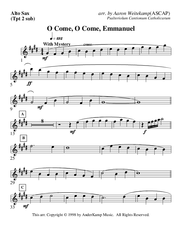 O Come O Come Emmanuel (Instrumental) Alto Sax (AnderKamp Music)