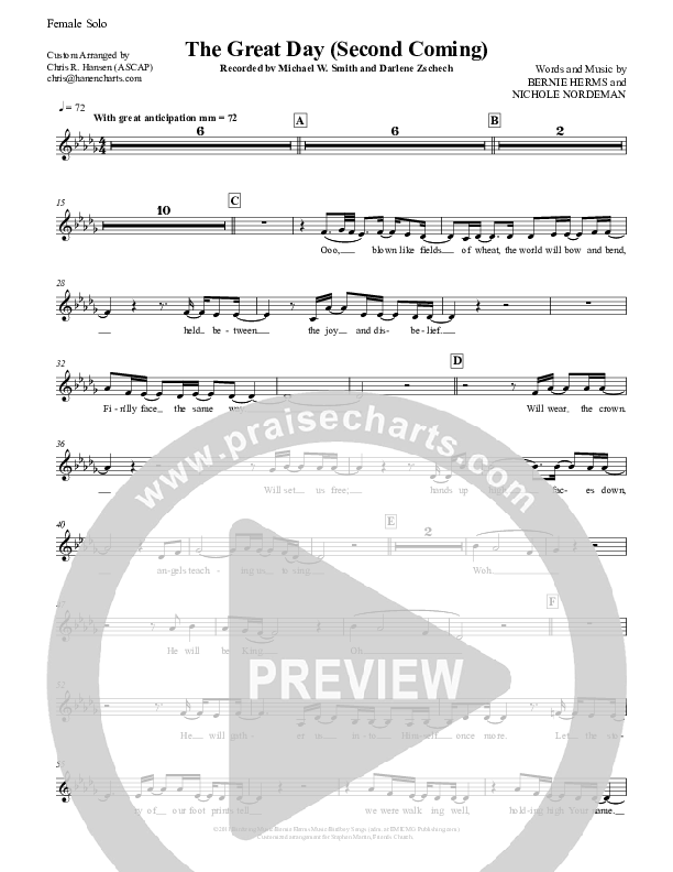 The Great Day (Second Coming) Female Solo (Michael W. Smith)