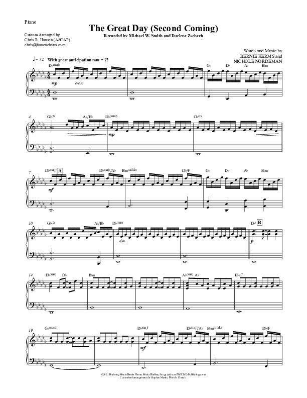 The Great Day (Second Coming) Piano Sheet (Michael W. Smith)