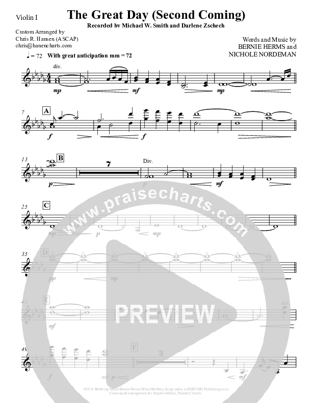 The Great Day (Second Coming) Violin 1 (Michael W. Smith)