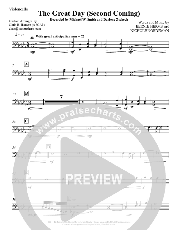 The Great Day (Second Coming) Violincello (Michael W. Smith)