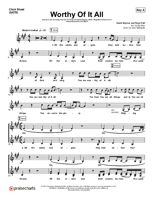 Worthy Of It All Choir Sheet (SATB) (Onething Live / David Brymer)