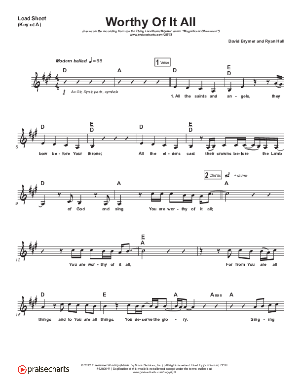 Worthy Of It All Lead Sheet (Melody) (Onething Live / David Brymer)