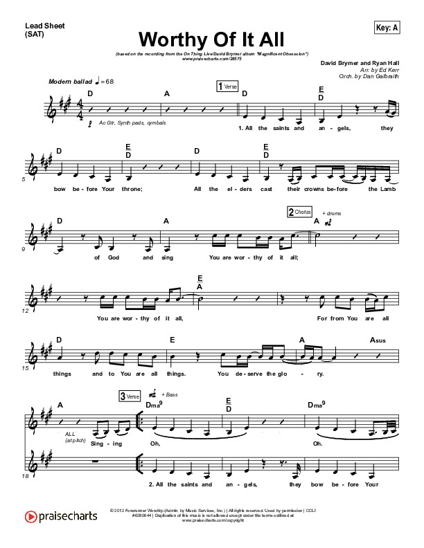 Worthy Of It All Lead Sheet (SAT) (Onething Live / David Brymer)