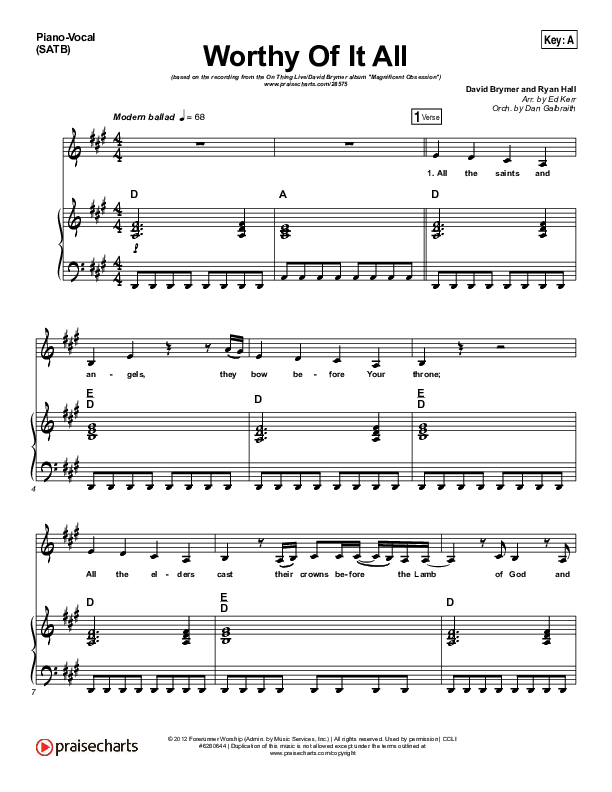 Worthy Of It All Piano/Vocal (SATB) (Onething Live / David Brymer)