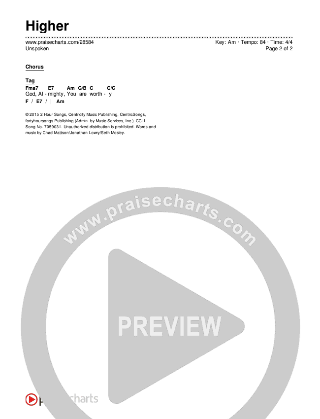 Higher Chords & Lyrics (Unspoken)