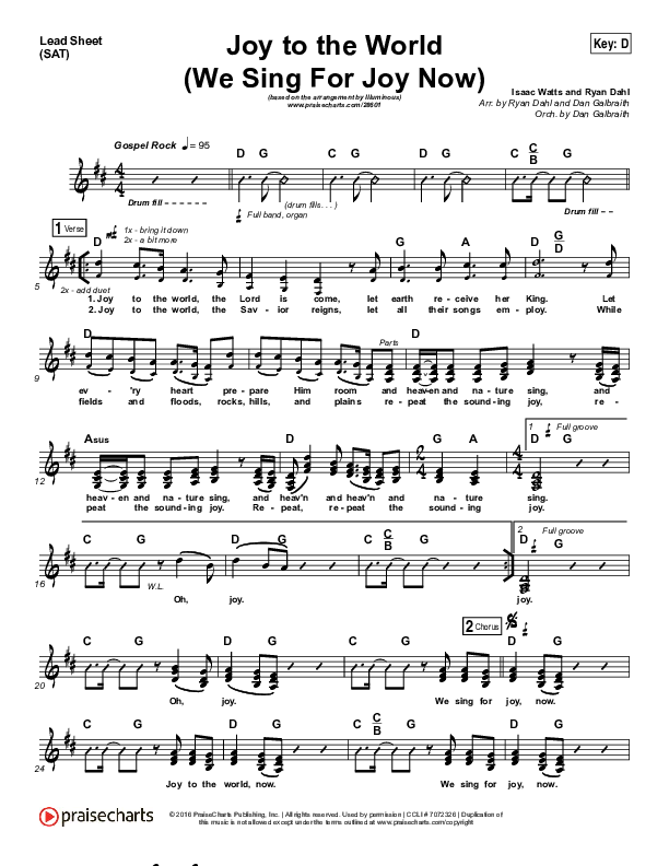 Joy To The World (We Sing For Joy Now) Lead Sheet (Illuminous Band)