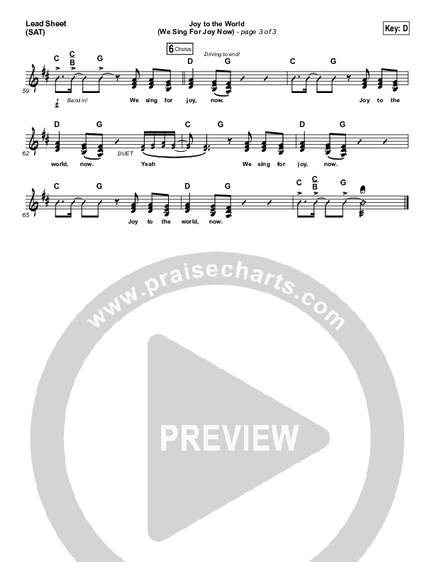 Joy To The World (We Sing For Joy Now) Lead Sheet (Illuminous Band)