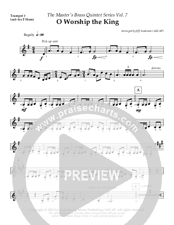 O Worship The King (Instrumental) Trumpet 3 (AnderKamp Music)