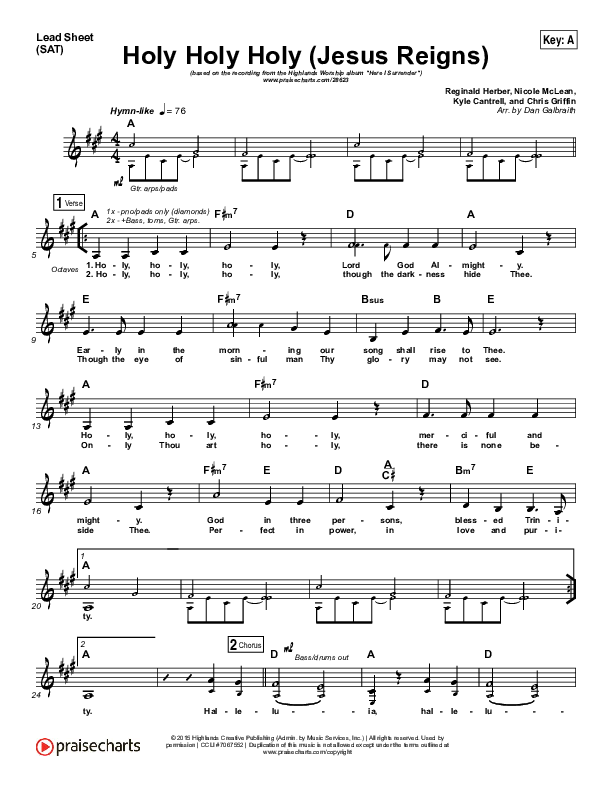 Holy Holy Holy (Jesus Reigns) Lead Sheet (SAT) (Highlands Worship)