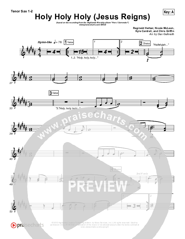 Holy Holy Holy (Jesus Reigns) Tenor Sax 1/2 (Highlands Worship)