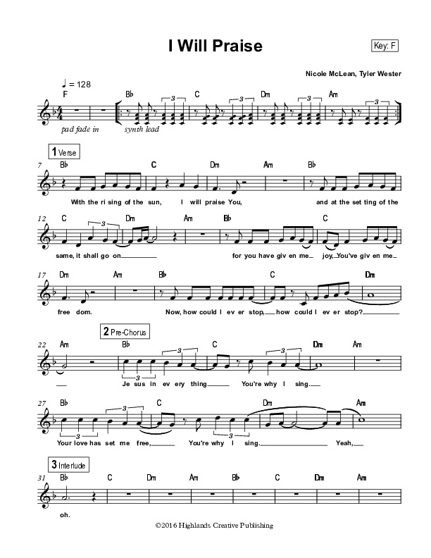 I Will Praise Lead Sheet (Highlands Worship)