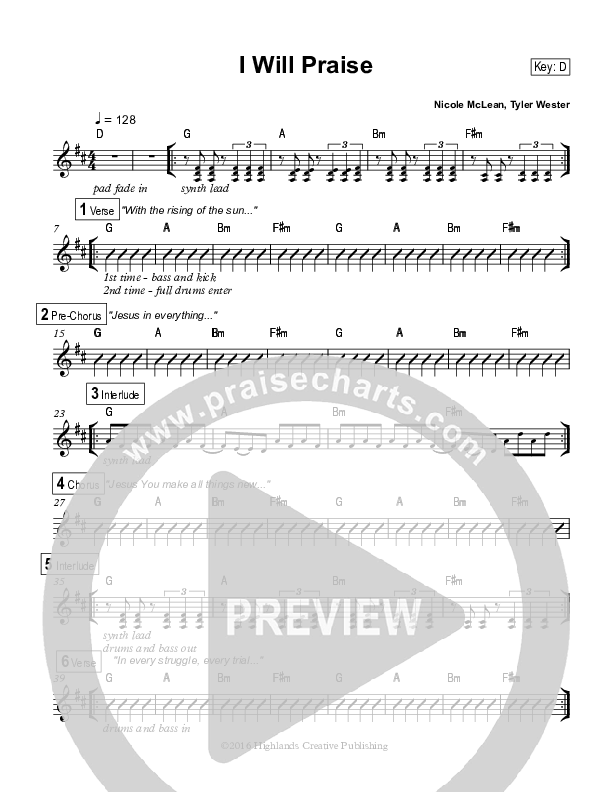 I Will Praise Rhythm Chart (Highlands Worship)