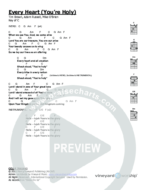 Every Heart (You're Holy) Chords & Lyrics (Vineyard Worship / Tim Brown)