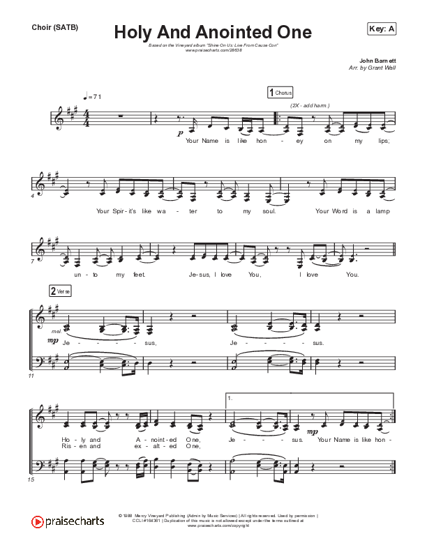 Holy And Anointed One Choir Sheet (SATB) (Vineyard Worship / Kyle Howard)