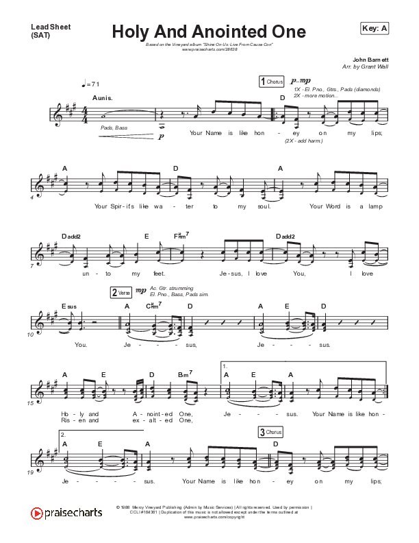 Holy And Anointed One Lead Sheet (SAT) (Vineyard Worship / Kyle Howard)