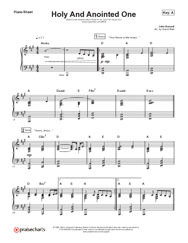 Holy And Anointed One Piano Sheet (Vineyard Worship / Kyle Howard)