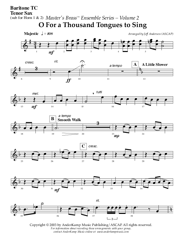 Oh For A Thousand Tongues To Sing (Instrumental) Tenor Sax/Baritone T.C. (AnderKamp Music)
