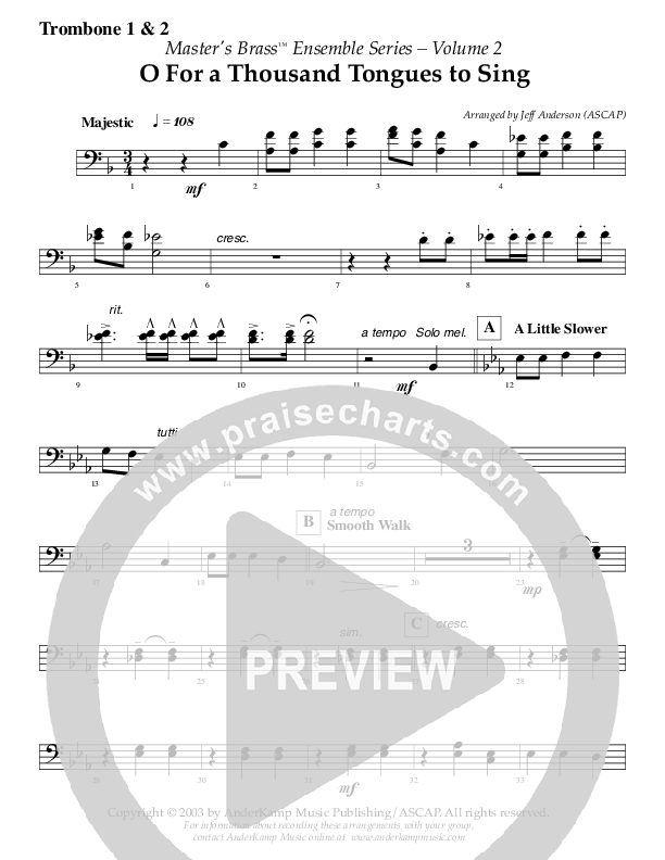 Oh For A Thousand Tongues To Sing (Instrumental) Trombone 1/2 (AnderKamp Music)