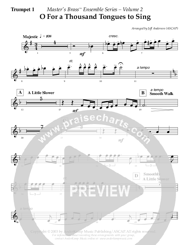Oh For A Thousand Tongues To Sing (Instrumental) Trumpet 1 (AnderKamp Music)