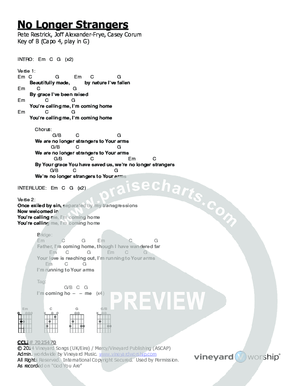 No Longer Strangers Chords & Lyrics (Vineyard Worship / Tim Brown)