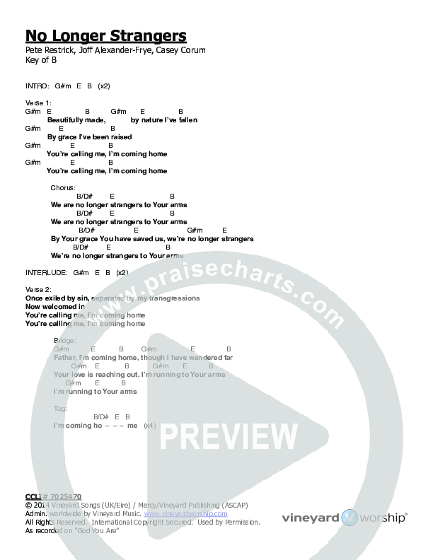 No Longer Strangers Chords & Lyrics (Vineyard Worship / Tim Brown)