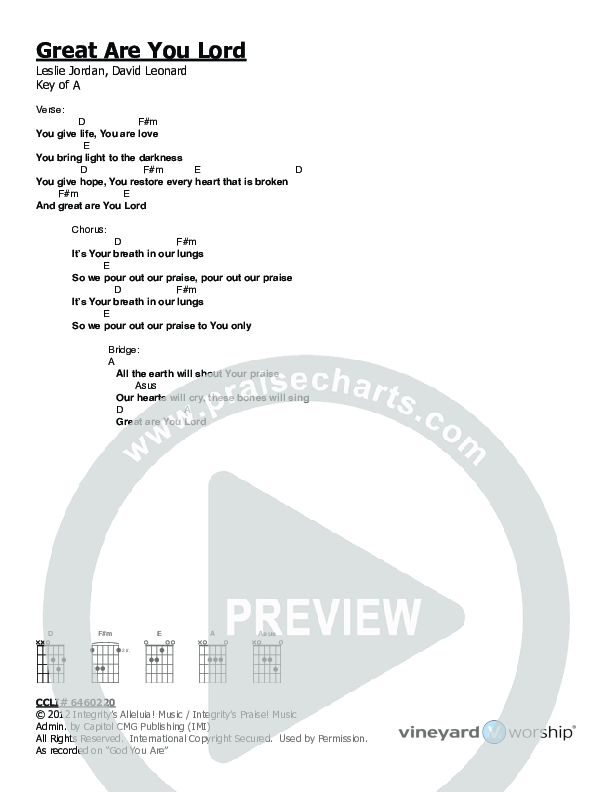 Great Are You Lord Chords & Lyrics (Vineyard Worship / Tim Brown)