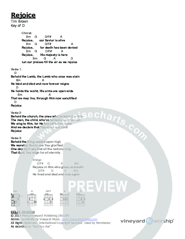 Rejoice Chords & Lyrics (Vineyard Worship / Tim Brown / Amanda Bouman)