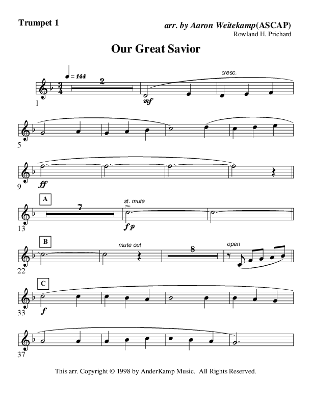 Our Great Savior (Instrumental) Trumpet 1 (AnderKamp Music)