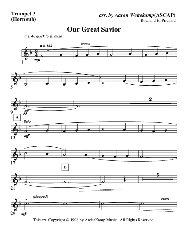 Our Great Savior (Instrumental) Trumpet 3 (AnderKamp Music)