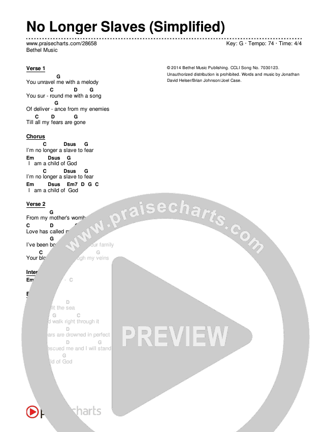 No Longer Slaves Chord Chart (Bethel Music)