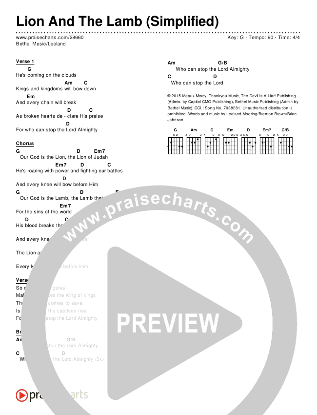 Lion And The Lamb (Simplified) Chord Chart (Bethel Music / Leeland)