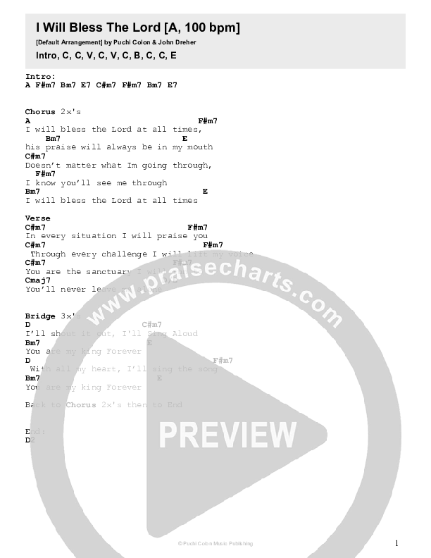 I Will Bless The Lord Chords & Lyrics (Puchi Colon)