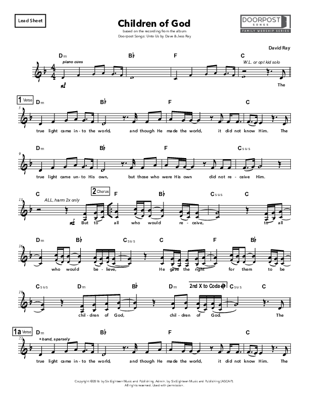 Children Of God Lead Sheet (Doorpost Songs / Dave and Jess Ray)
