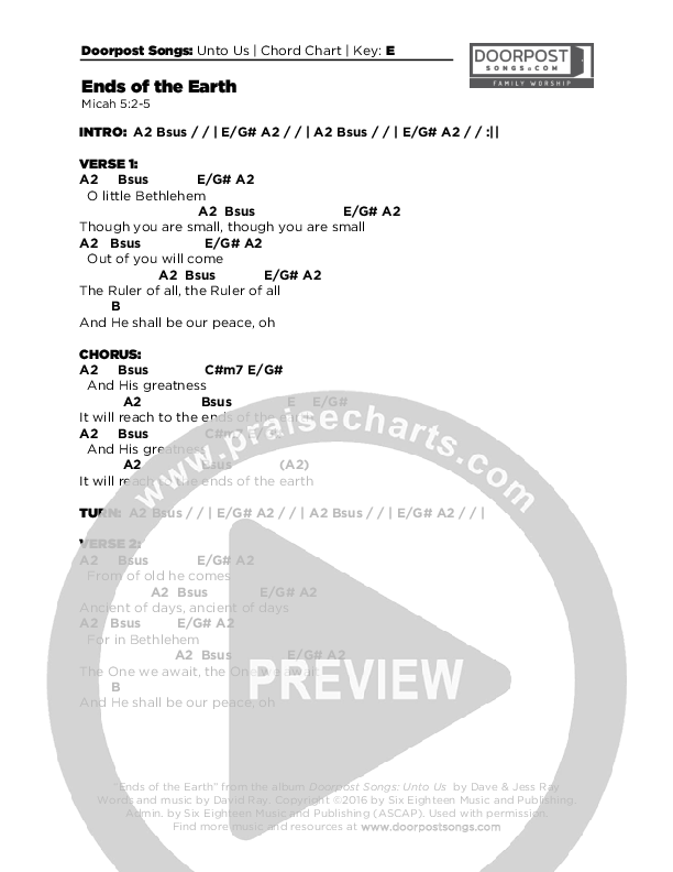 Ends Of The Earth Chords & Lyrics (Doorpost Songs / Dave and Jess Ray)