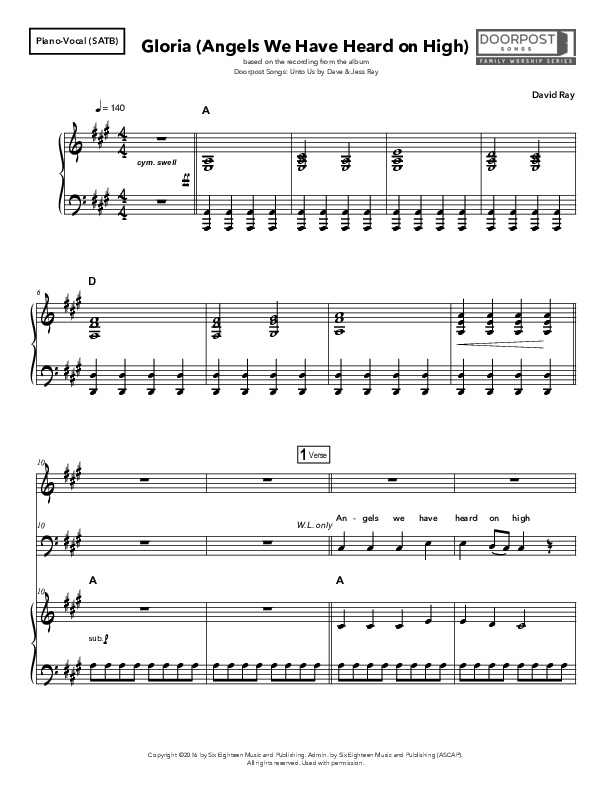 Gloria (Angels We Have Heard on High) Piano/Vocal & Lead (Doorpost Songs / Dave and Jess Ray)