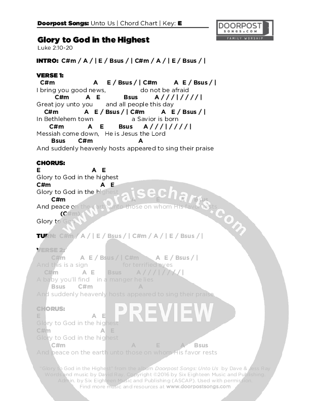 Glory To God In The Highest Chords & Lyrics (Doorpost Songs / Dave and Jess Ray)