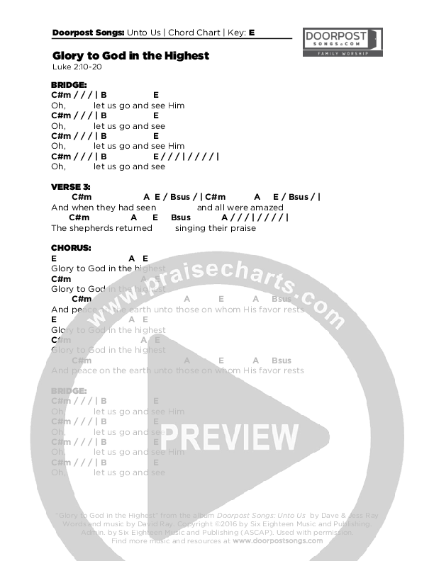 Glory To God In The Highest Chords & Lyrics (Doorpost Songs / Dave and Jess Ray)