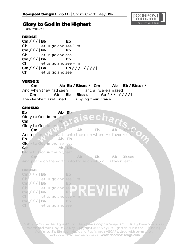 Glory To God In The Highest Chords & Lyrics (Doorpost Songs / Dave and Jess Ray)