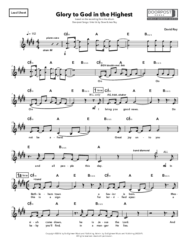 Glory To God In The Highest Lead Sheet (Doorpost Songs / Dave and Jess Ray)