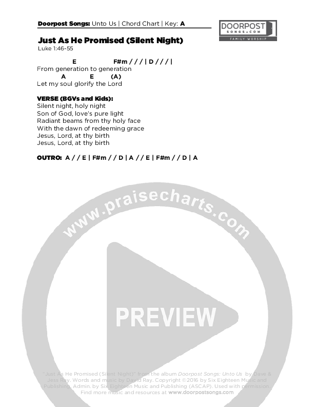 Just As He Promised (Silent Night) Chords & Lyrics (Doorpost Songs / Dave and Jess Ray)