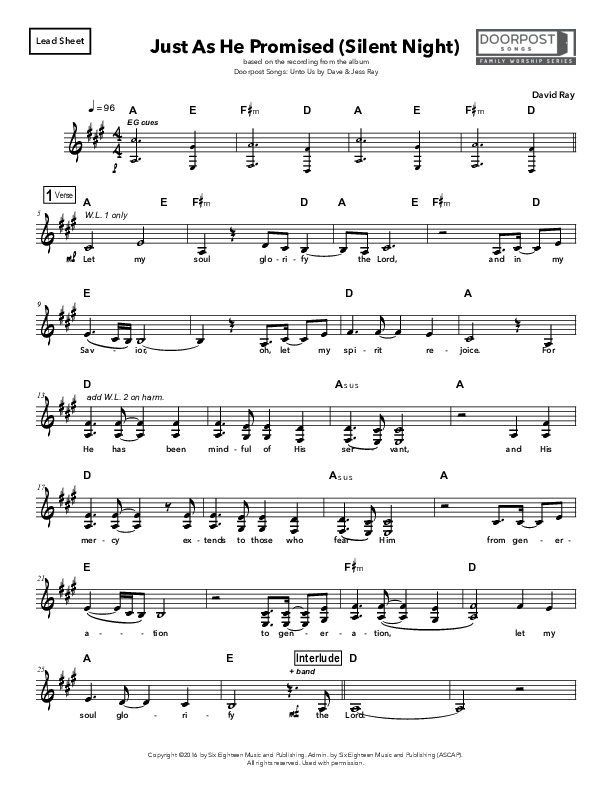 Just As He Promised (Silent Night) Lead Sheet (Doorpost Songs / Dave and Jess Ray)